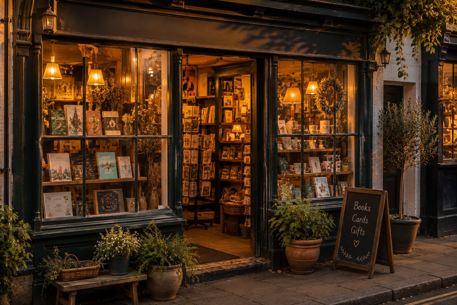 A well-lit independent bookshop at dusk