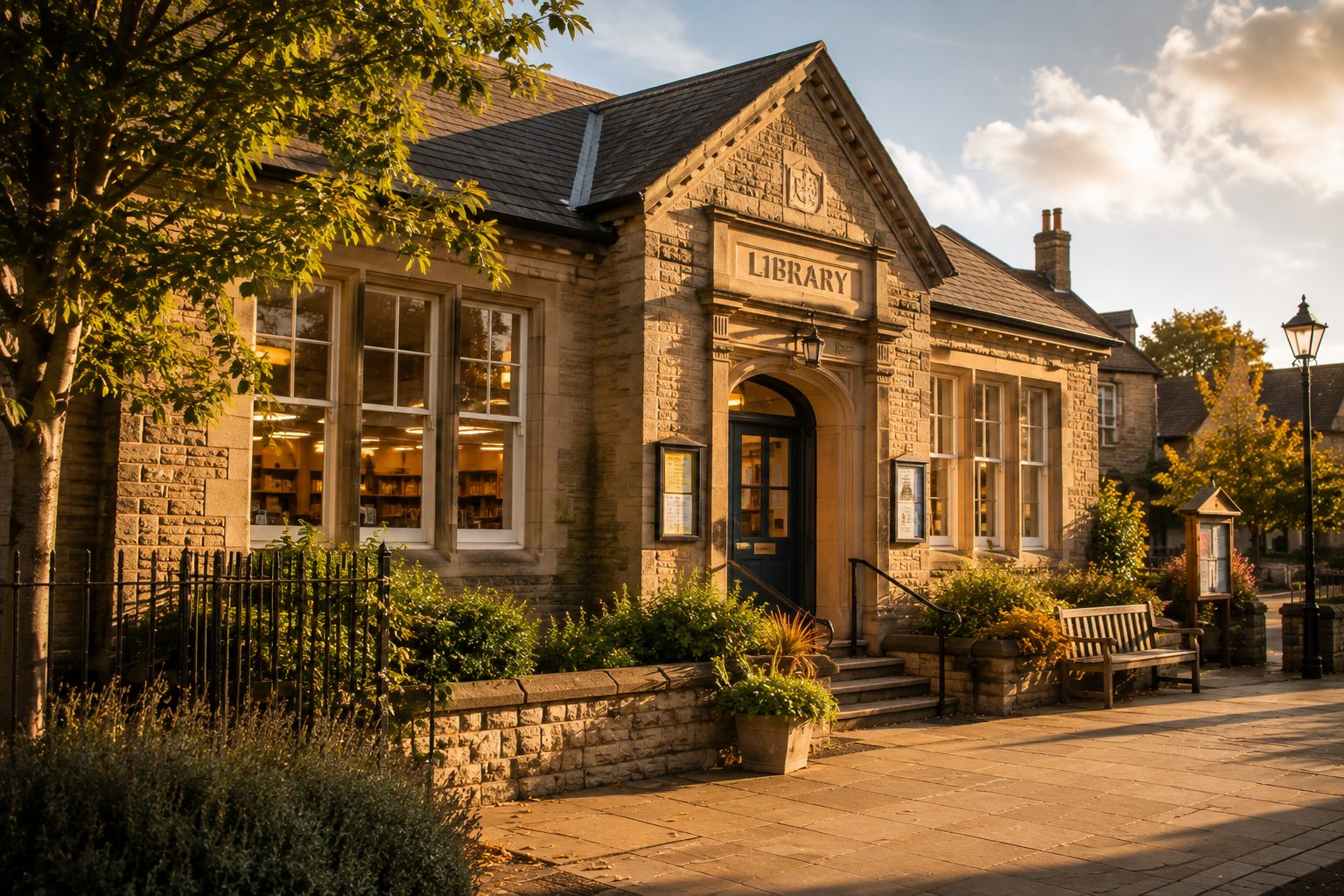 A stone-built Victorian public library at dusk