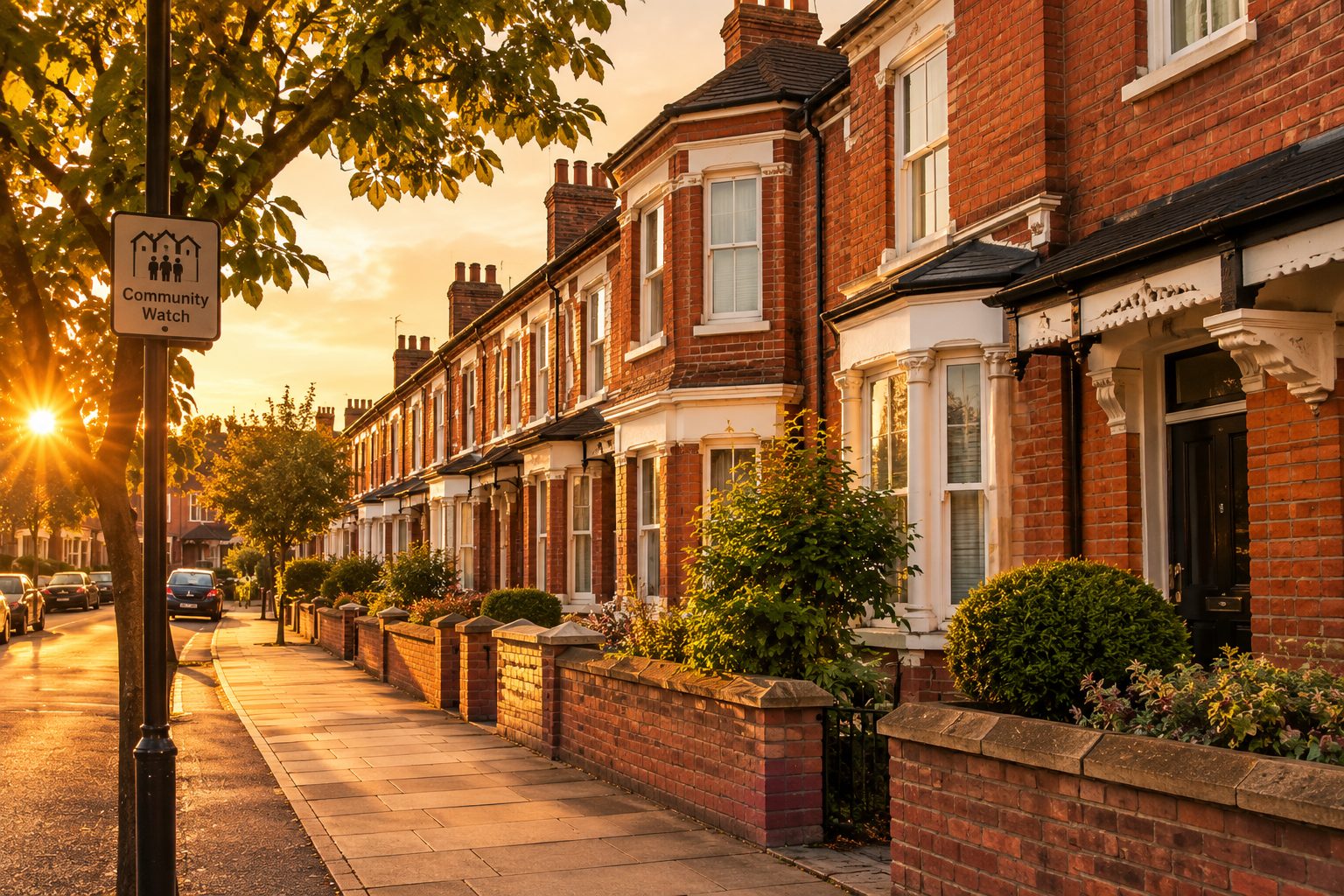 A residential street with a Community Watch sign at golden hour