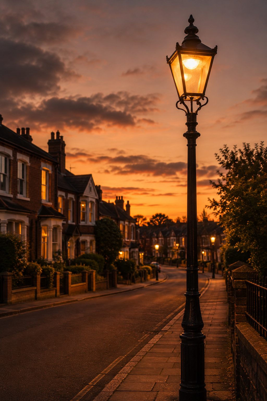 An ornate street lamp lit at dusk on a residential road