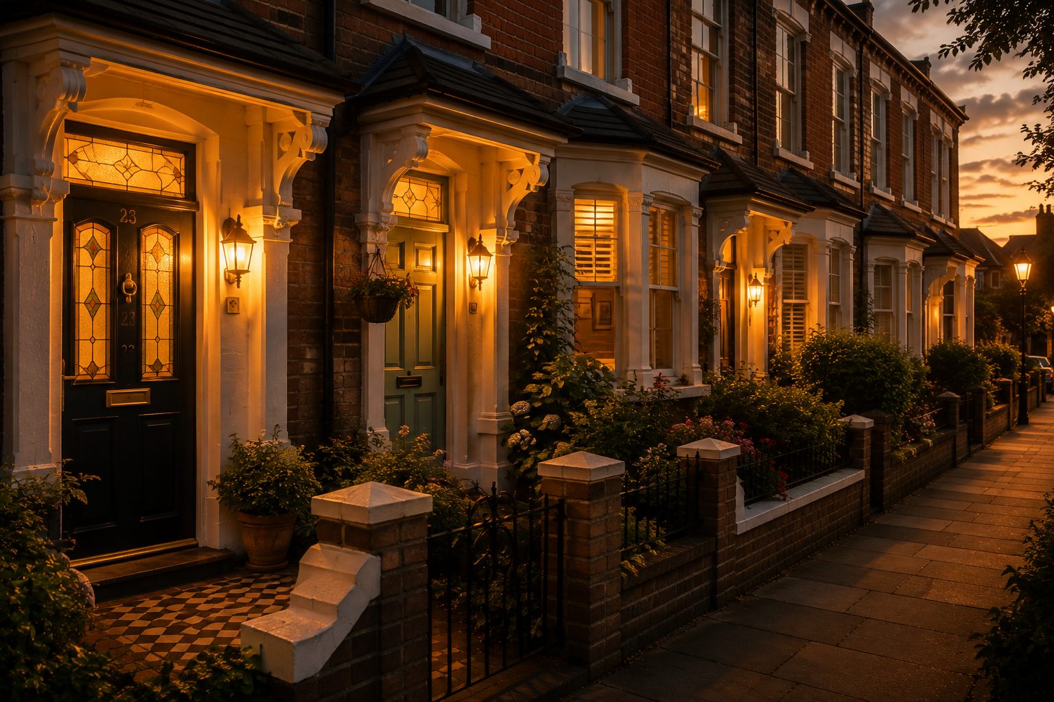 Terraced street of Victorian houses at dusk, front doors lit and warm
