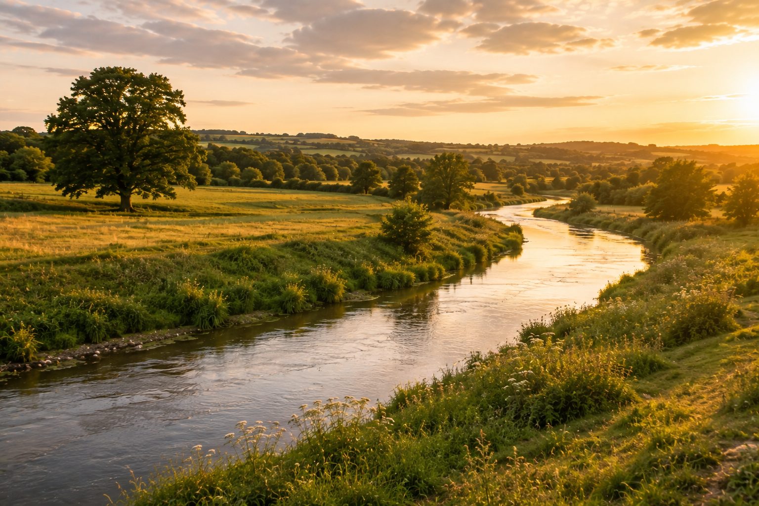 A river winding through open countryside at golden hour