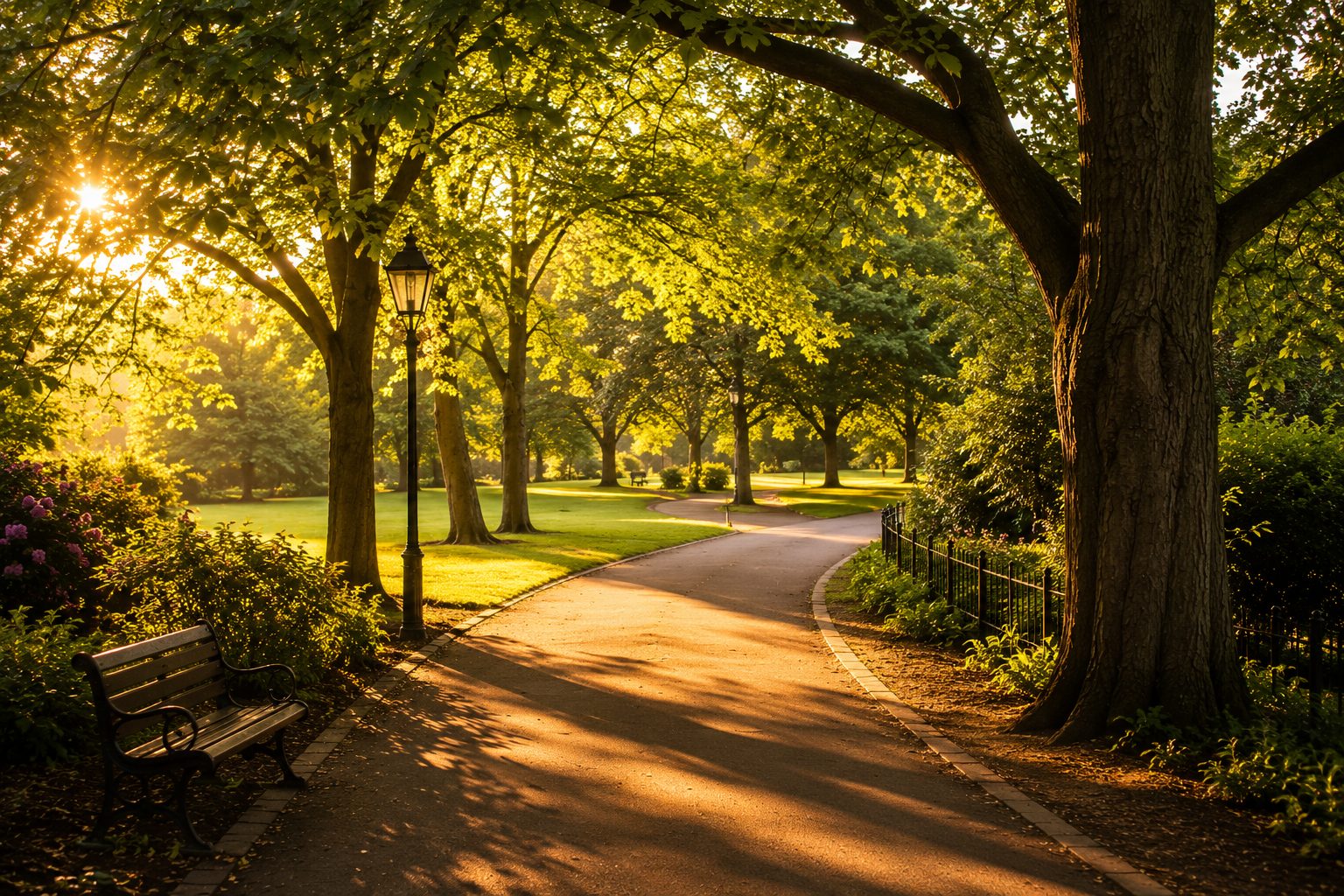 Sunlit park path near Selly Oak, Birmingham