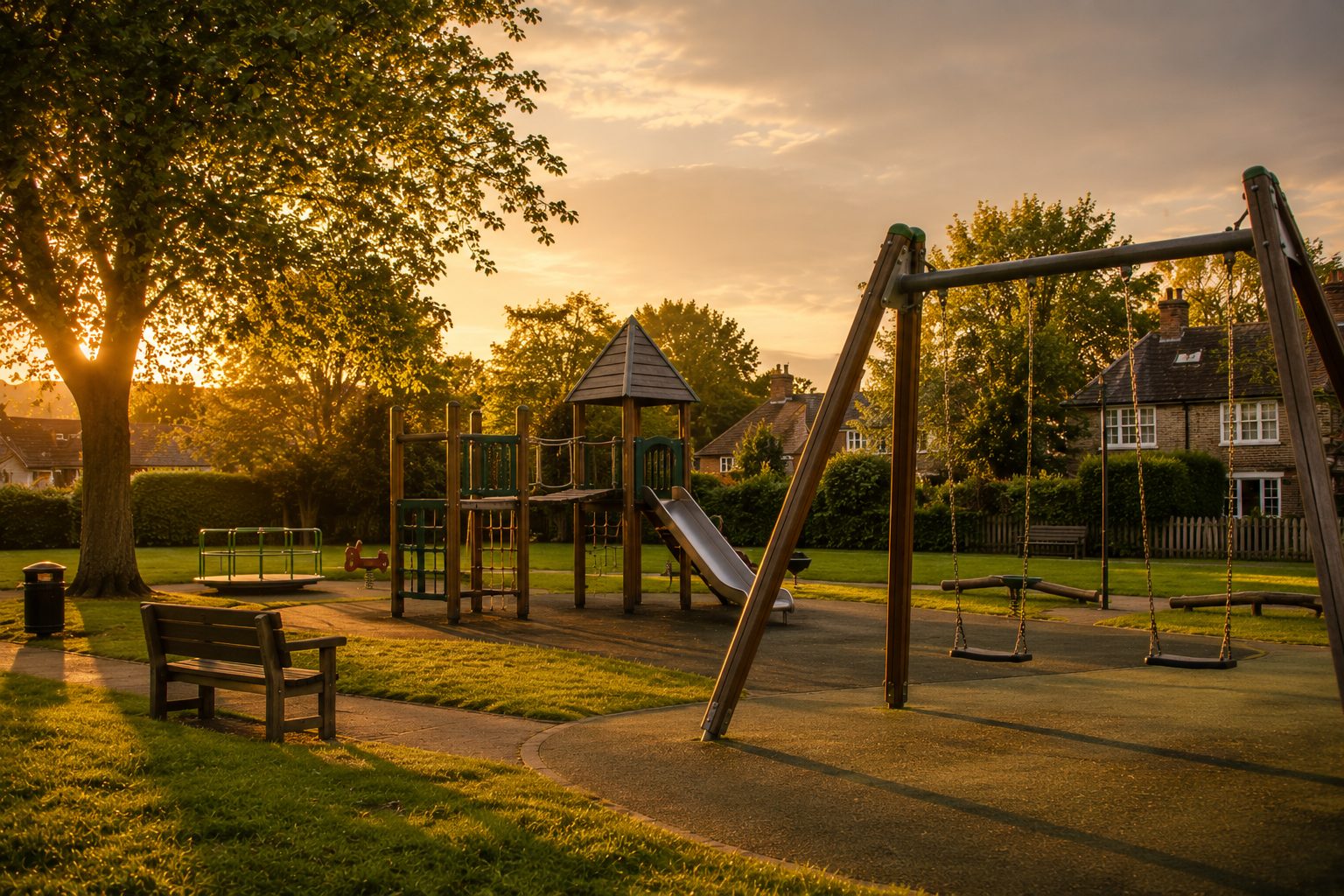 A children's playground at golden hour