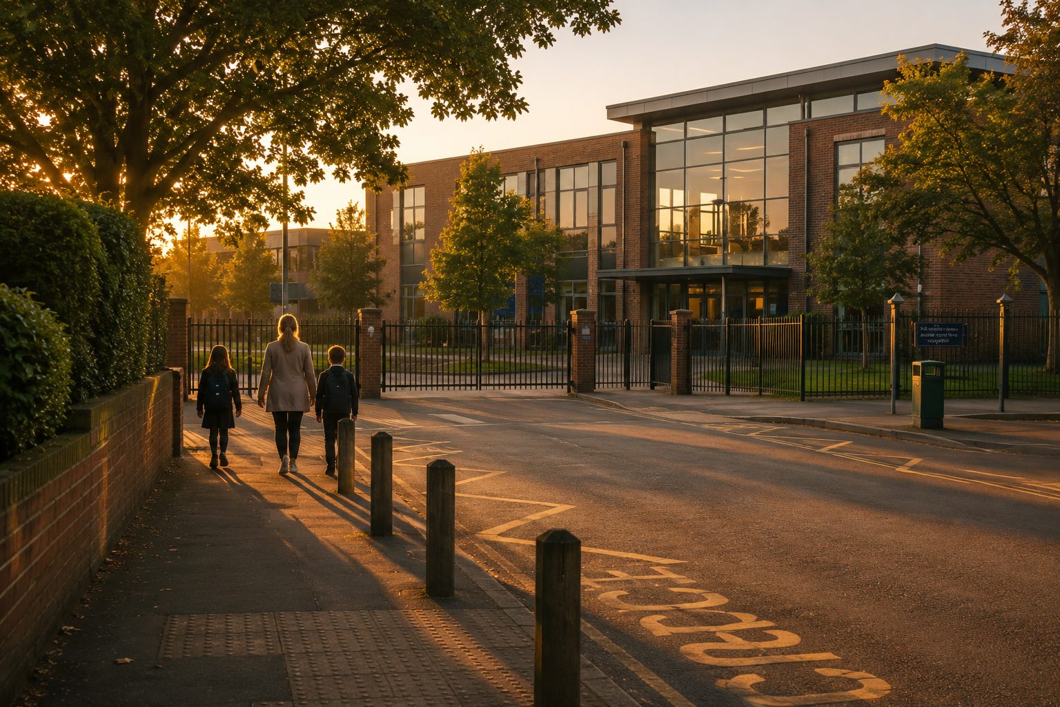 A parent and two children walking to school at golden hour