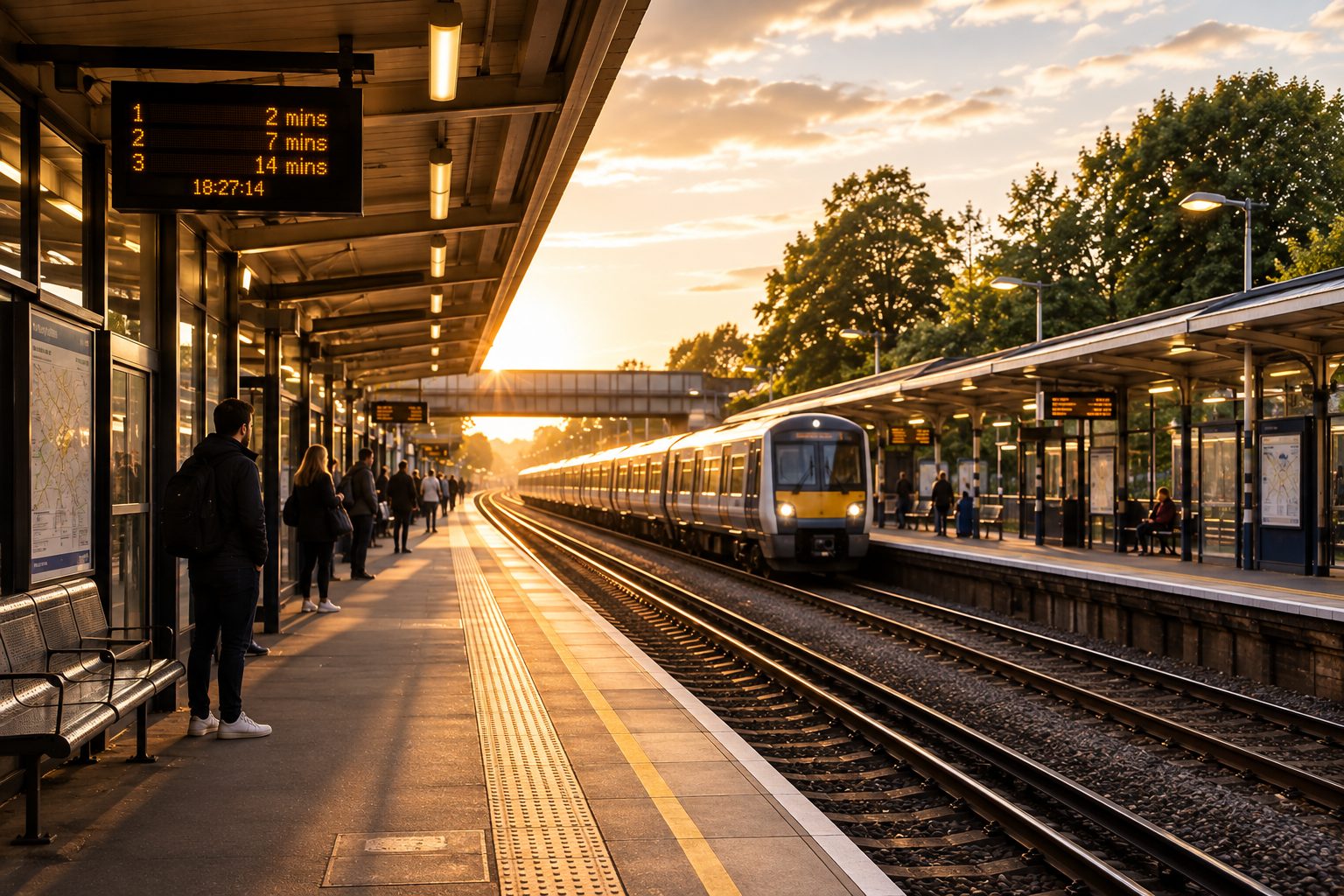 A commuter on a railway platform as a train arrives at sunset
